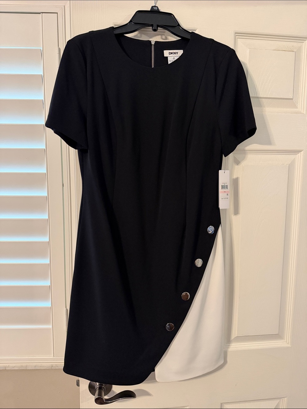 DKNY Black and White Short Sleeve above knee Dress with silver Accent Buttons